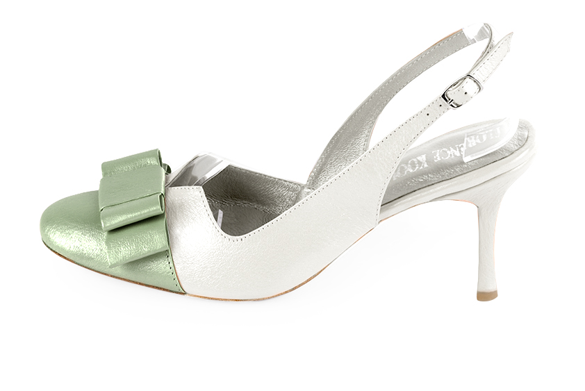 Mint green and pure white women's open back shoes, with a knot. Round toe. High slim heel. Profile view - Florence KOOIJMAN